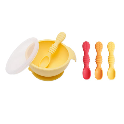 Bumkins Baby Bowls, Disney Minnie Mouse Silicone Baby Feeding Set, Suction Bowls for Baby and Toddler with Spoon, First Feeding Set, Platinum Silicone Bowl for Babies 4 Months