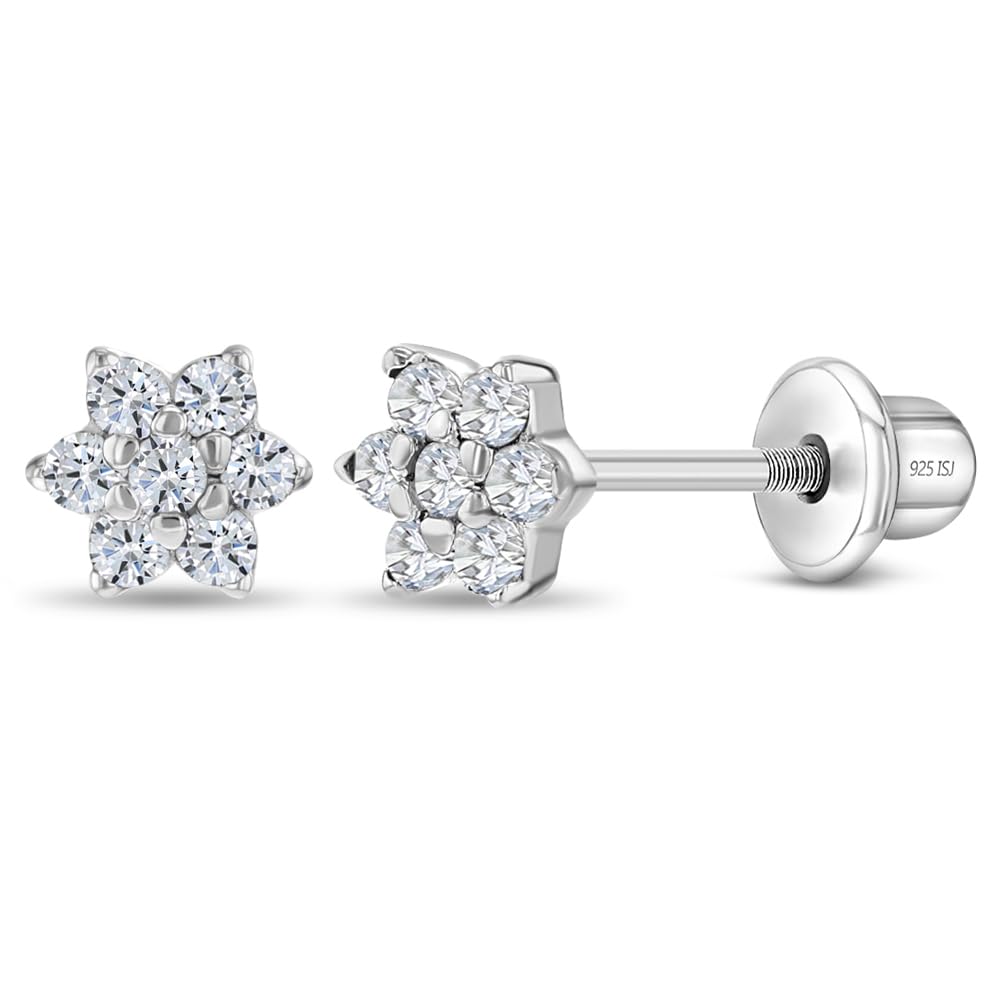 925 Sterling Silver Kids Earrings with 5mm Flower & Screw Backs for Young Girls - Dainty CZ Flower Screw Backs for Toddlers and Little Girls - Cubic Zirconia Floral Studs for Children