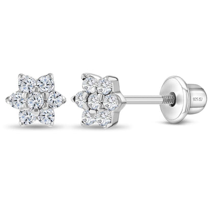 925 Sterling Silver Kids Earrings with 5mm Flower & Screw Backs for Young Girls - Dainty CZ Flower Screw Backs for Toddlers and Little Girls - Cubic Zirconia Floral Studs for Children