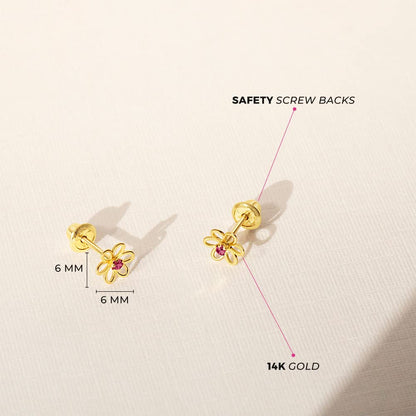 14k Yellow Gold Dainty Cubic Zirconia Young Girls Open Flower Earrings with Safety Screw Backs - Small Flower Stud Earrings for Toddlers with Locking Screw Backs for Safety & Comfort