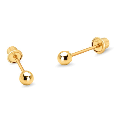 14k Yellow Gold 2,3,4,5,6mm Plain Hollow Gold Ball Children Screw back Baby Girls Stud Earrings