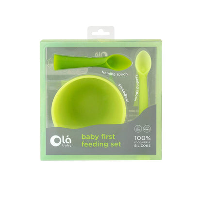 Olababy First Feeding Set + Olababy Fold N Go Silicone Baby Bib w Travel Case (Lemon)