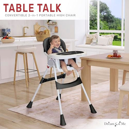 Dream On Me Portable 2-in-1 Tabletalk High Chair, Convertible Compact High Chair, Light Weight Portable Highchair, Grey