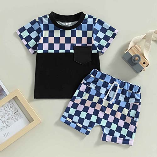 Toddler Baby Boy Summer Clothes Set Short Sleeve Checkered Tops & Shorts Novelty Color Block Outfits
