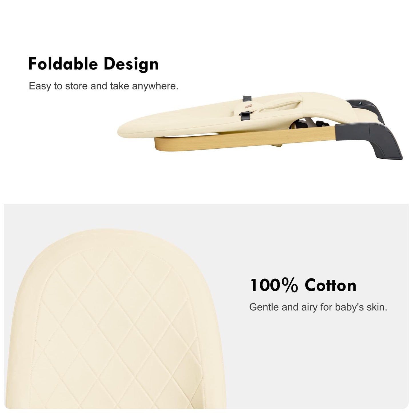 Foldable Baby Bouncer, Baby Seat with 3 Adjustable Heights, Portable Newborn Rocker, Ergonomic Bouncy Seat for Natural Bounce, Bouncer for Babies 0-6 Months, Soft Cotton (Beige)