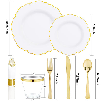 Morejoy 175PCS Rose Gold & Silver Plastic Dinnerware Set: 25 Plates, 25 Forks, 25 Knives, 25 Spoons, 25 Cups, 25 Napkins - Perfect for Wedding & Party