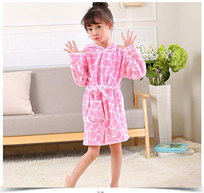 Girls Robes, Plush Soft Coral Fleece Animal Print Hooded Bathrobe for Kids Boys