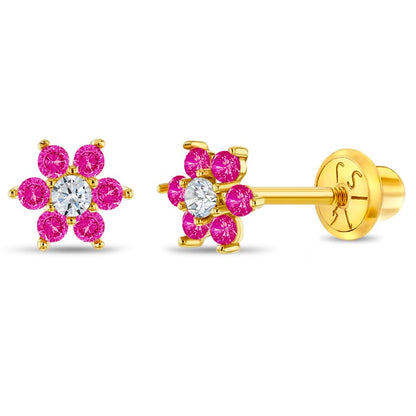 14k Yellow Gold Colorful Cubic Zirconia Flower Studs - Screw Back Earrings for Toddlers & Little Girls - Casual & Sparkly Flower Earrings for Children