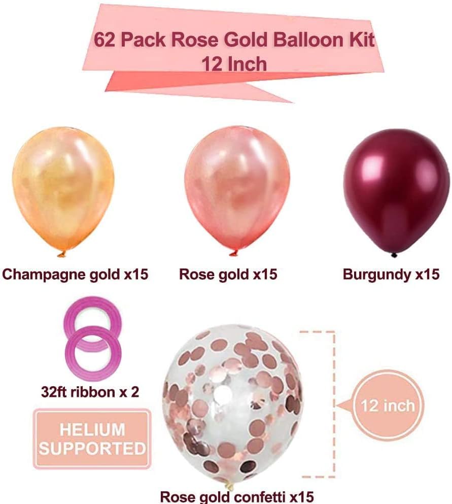 OuMuaMua 62Pcs Pink Gold Confetti Latex Balloons Kit, 12 Inch Pink White Gold Helium Balloons Party Supplies for Confession Proposal Wedding Girl Birthday Baby Shower Party Decoration
