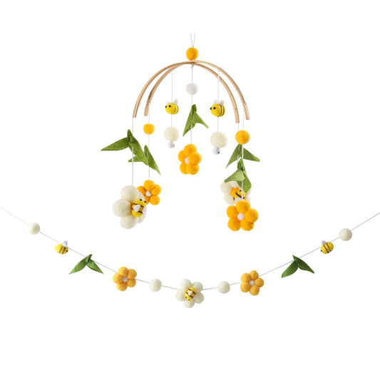 OESSUF Baby Mobile for Crib, Crib Nursery Mobile for Boys Girls, Boho Bee Flower Nursery Decor Soothe Toy Baby Shower Set for Infant Bedroom Hanging Decoration Toy, Pink