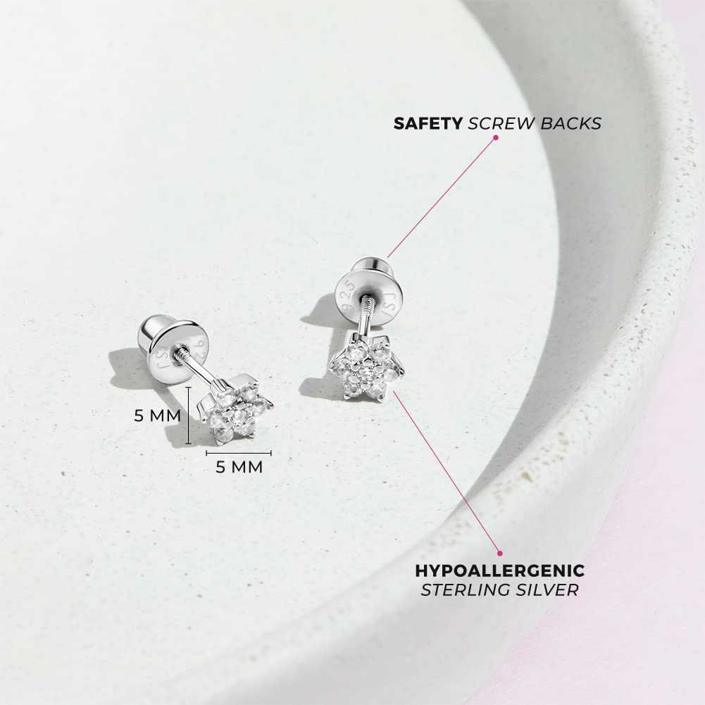 925 Sterling Silver Kids Earrings with 5mm Flower & Screw Backs for Young Girls - Dainty CZ Flower Screw Backs for Toddlers and Little Girls - Cubic Zirconia Floral Studs for Children