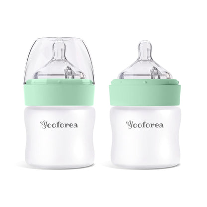 Yooforea Silicone Coated Glass Baby Bottle, 0M+ Slow Flow Nipple I Anti-Colic, Wide Neck, Stable Base I Medical-Grade Silicone Coating for Shatter Protection, BPA BPS PVC Free (3 Ounce-Honey)
