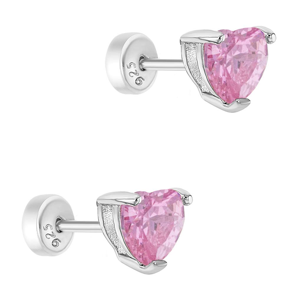 925 Sterling Silver Cubic Zirconia Heart-Shaped Solitaire Stud Girl's Earrings with Safety Push Back Locking 4mm- Excellent For Baby Girls, Toddlers & Young Girls- Best For Kids With Sensitive Ears