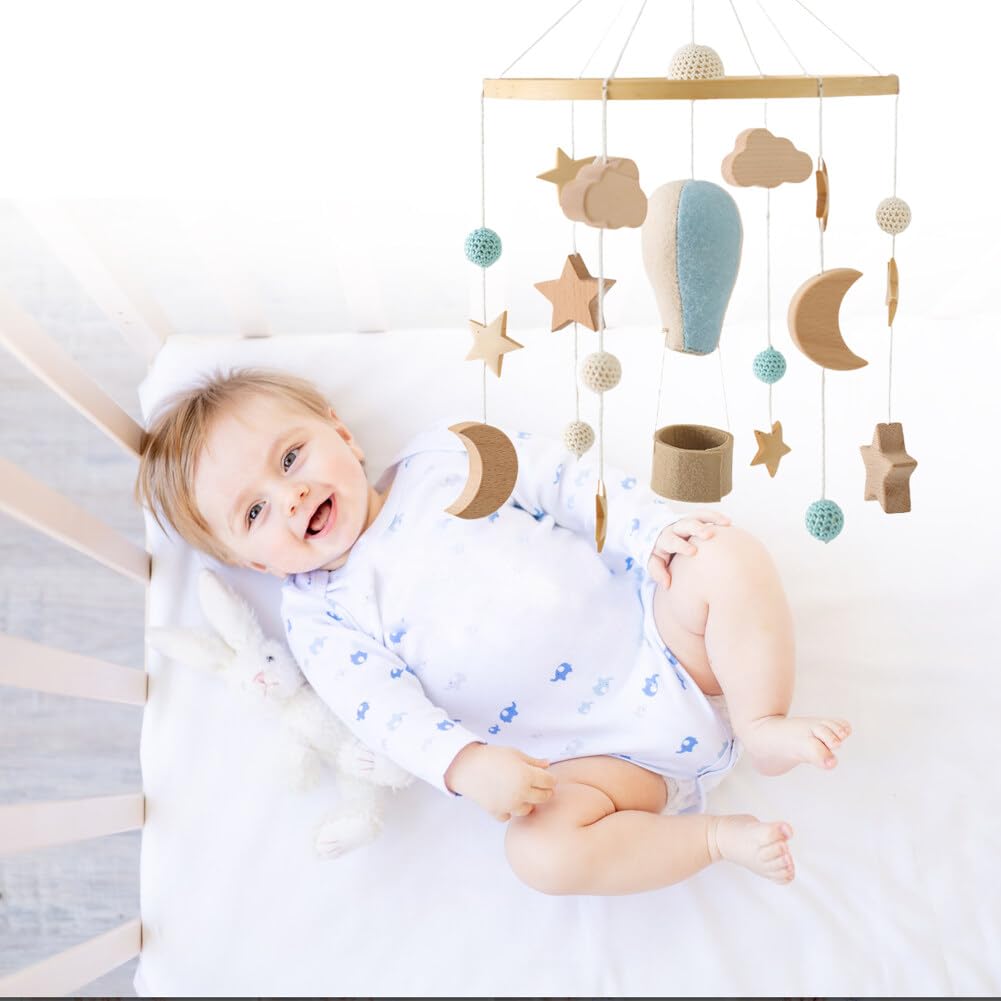 Baby Crib Mobile for Boys Girls, Wooden Boho Nursery Mobile Hot Air Balloon Stars Moon Space Bed Bell Hanging Toys Pendant Wind Chimes Decorations, Blue