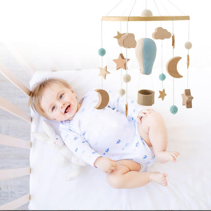 Baby Crib Mobile for Boys Girls, Wooden Boho Nursery Mobile Hot Air Balloon Stars Moon Space Bed Bell Hanging Toys Pendant Wind Chimes Decorations, Blue