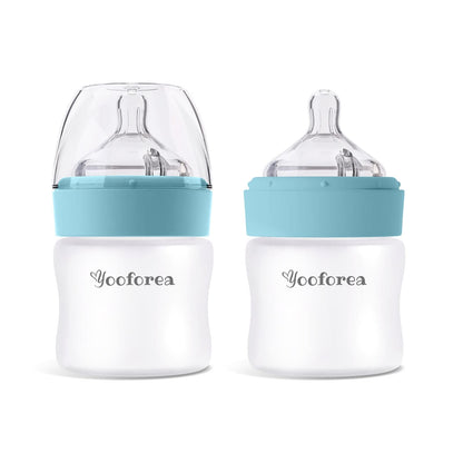 Yooforea Silicone Coated Glass Baby Bottle, 0M+ Slow Flow Nipple I Anti-Colic, Wide Neck, Stable Base I Medical-Grade Silicone Coating for Shatter Protection, BPA BPS PVC Free (3 Ounce-Honey)