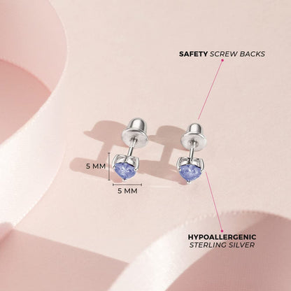 925 Sterling Silver Girls CZ Heart Hypoallergenic Safety Screw Back Earrings - Adorable 5mm Heart Earrings for Young Girls - Great Jewelry for Everyday Wear for Toddlers to Teens