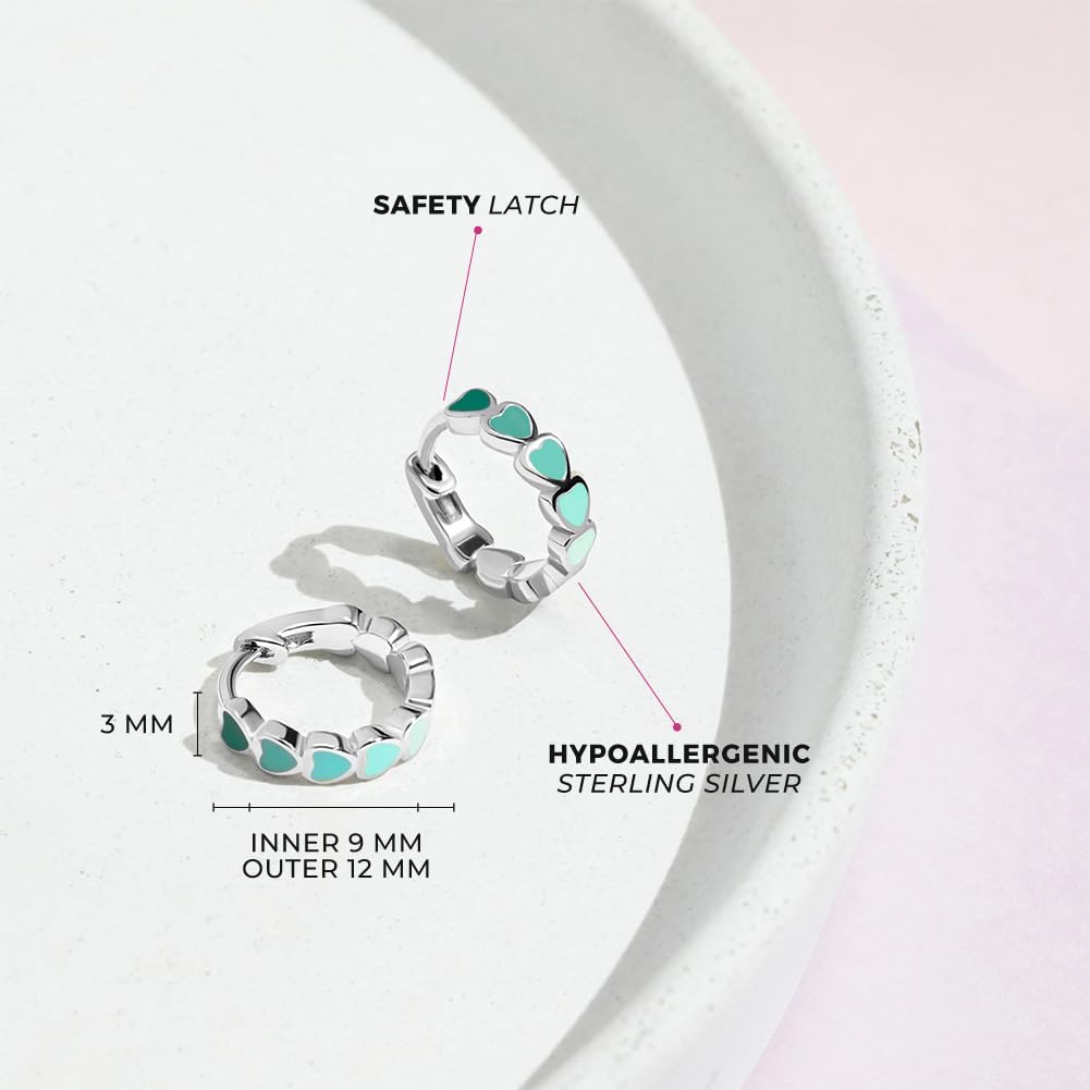 925 Sterling Silver Tiny Heart Enamel Huggie Hoop Earrings - Multicolored Heart Themed Hoops