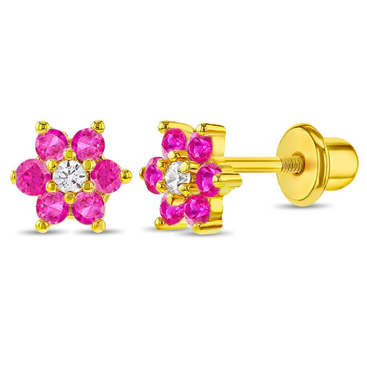 Gold Plated Cubic Zirconia Flower Safety Screw Back Earrings for Babies and Toddlers 5mm - Delicate and Sparkling Flower Earrings for Little Girls - Lovely Floral Studs