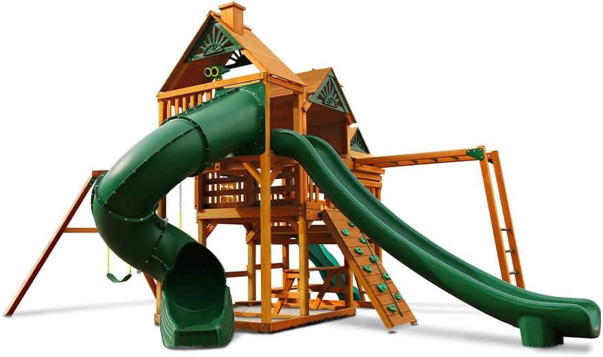 Gorilla Playsets 01-0089-AP Empire Wood Swing Set with 3 Play Decks, 3 Slides, and Monkey Bars, Brown