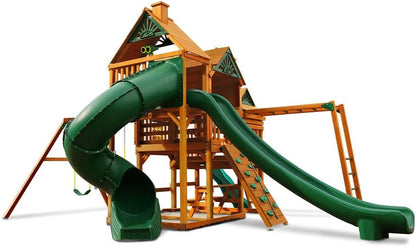 Gorilla Playsets 01-0089-AP Empire Wood Swing Set with 3 Play Decks, 3 Slides, and Monkey Bars, Brown