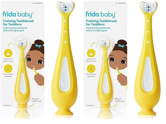 Frida Baby Grow-with-Me Baby Toothbrush Training Set | Infant to Toddler Toothbrush 0-12 months, Cleans All Sides at Once, Oral Care for Sensitive Gums | Yellow