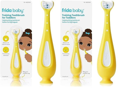Frida Baby Grow-with-Me Baby Toothbrush Training Set | Infant to Toddler Toothbrush 0-12 months, Cleans All Sides at Once, Oral Care for Sensitive Gums | Yellow