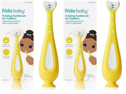 Frida Baby Grow-with-Me Baby Toothbrush Training Set | Infant to Toddler Toothbrush 0-12 months, Cleans All Sides at Once, Oral Care for Sensitive Gums | Yellow