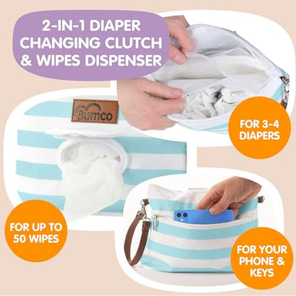 Bumco Diaper Clutch Bag with Refillable Wipes Dispenser - Water Resistant, Lightweight Diaper Pouch with on the go Wipes Dispenser, Portable Baby Wipe Dispenser, (Pink Stripes)
