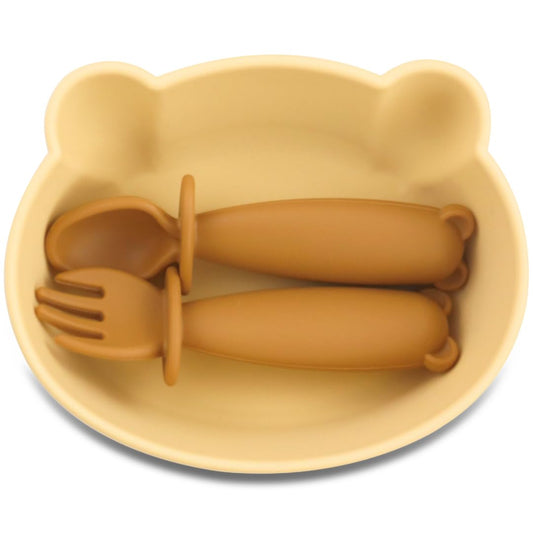 Bear Silicone Baby Bowl Suction Baby Spoon and Fork for Babies 6 months+ Suction Bowls for Baby Utensils 6-12M+ BLW Essentials (Peach Lilac)