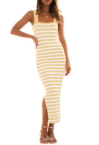 MEROKEETY Women's 2025 Summer Spring Bodycon Midi Dress Vacation Sleeveless Ribbed Knit Striped Party Sweater Dresses