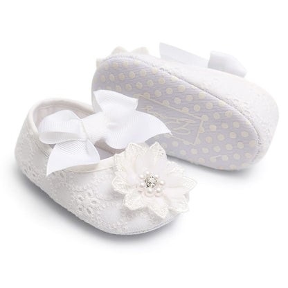 Baby Girls Mary Jane Flats with Bowknot Flowers Soft Newborn Infant First Walkers Crib Shoes Wedding Party Christmas Dress Shoes