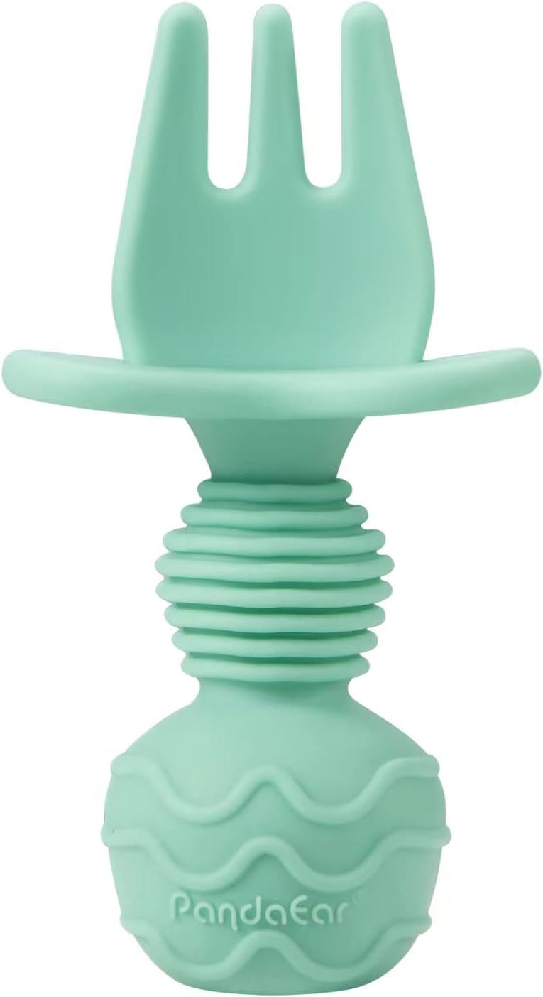PandaEar 4 Pack Silicone Baby Spoons and Fork Feeding Set- Anti-Choke First Self Feeding Utensils for Baby Led Weaning Ages 3 Months (Cyan+Blue)