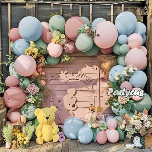Pink Blue Green Balloon Garland Double Stuffed Dusty Light Green Baby Blue Blush Mauve Latex Pastel Balloon Arch Kit for Boho Baby Shower Gender Reveal Bear Birthday Floral Party Decoration