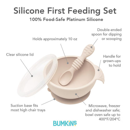 Bumkins Baby Bowls, Disney Minnie Mouse Silicone Baby Feeding Set, Suction Bowls for Baby and Toddler with Spoon, First Feeding Set, Platinum Silicone Bowl for Babies 4 Months