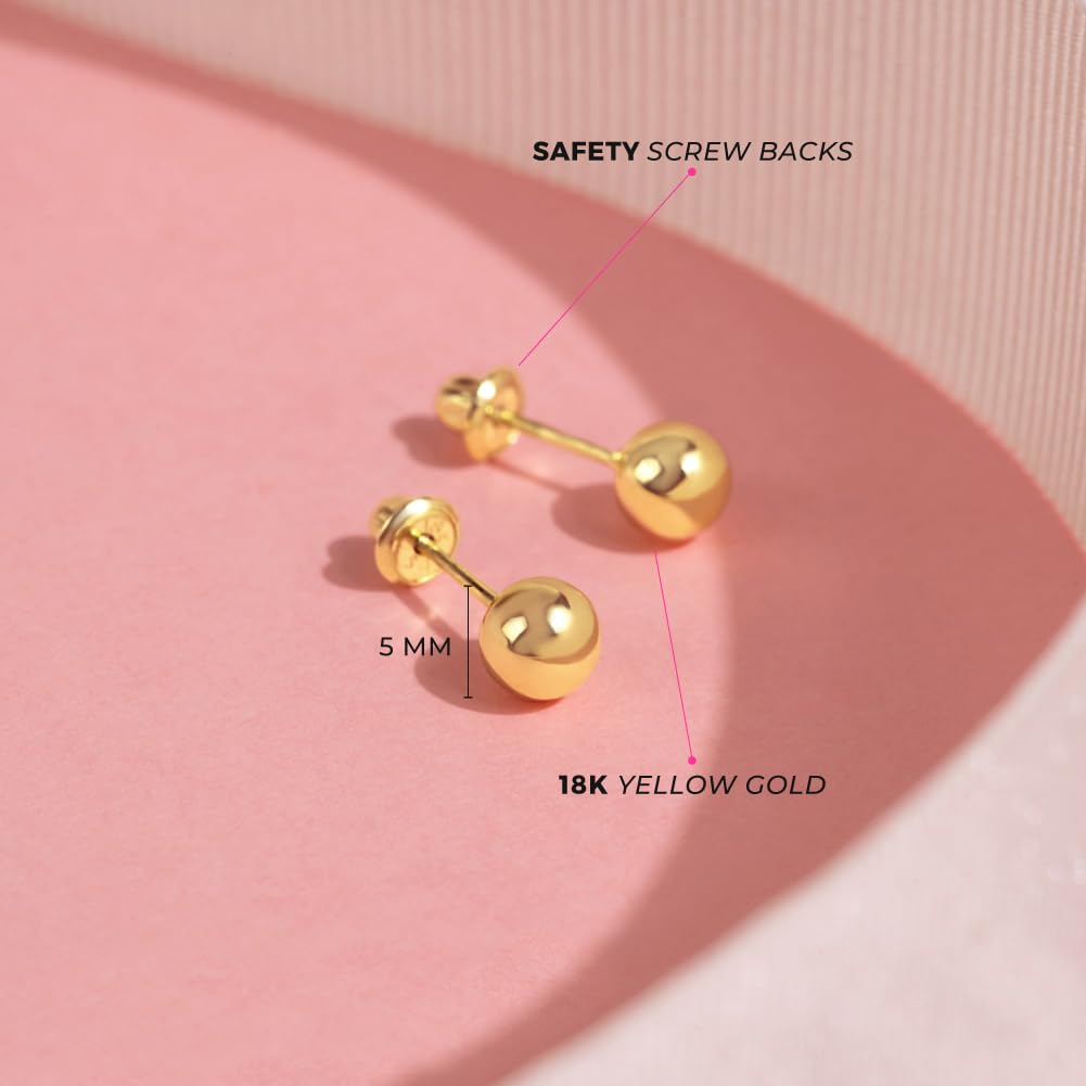 18k Yellow Gold Classic Ball Safety Screw Back Stud Earrings for Babies, Infants, Toddlers, and Little Girls 3mm-5mm - Traditional Plain Ball 18k Gold Stud Earrings for Baby Girls