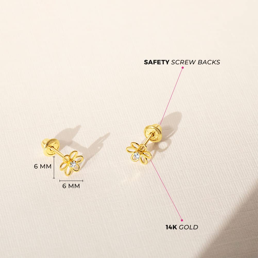 14k Yellow Gold Dainty Cubic Zirconia Young Girls Open Flower Earrings with Safety Screw Backs - Small Flower Stud Earrings for Toddlers with Locking Screw Backs for Safety & Comfort