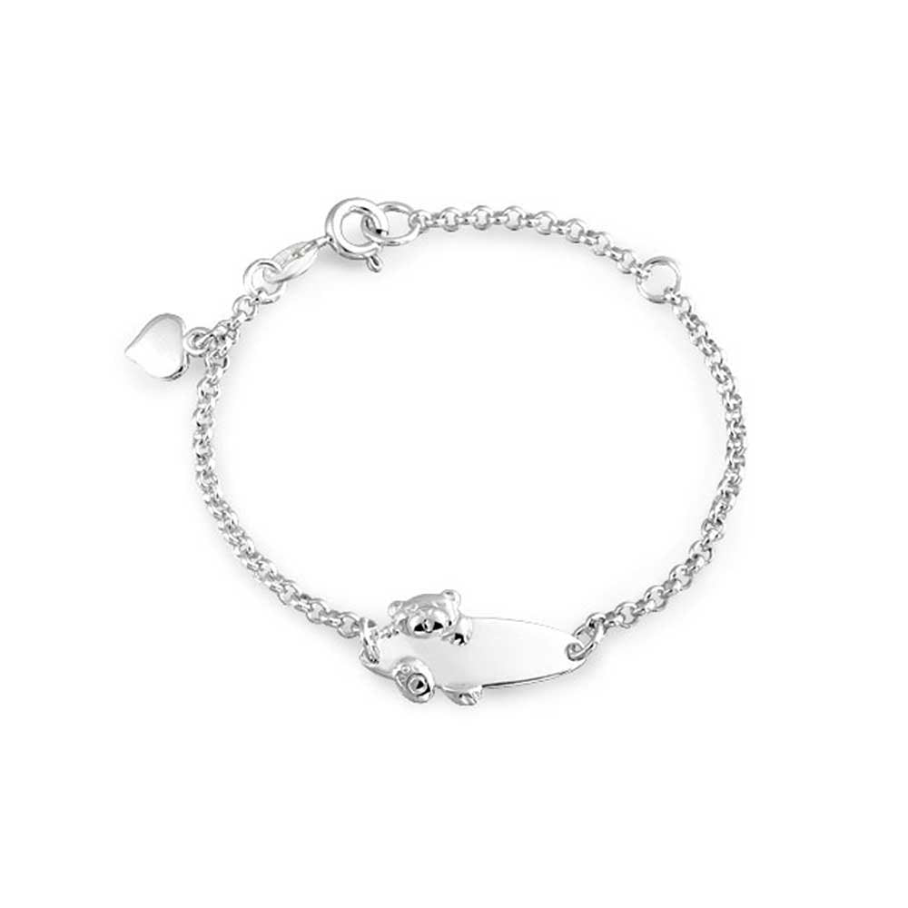 Bling Jewelry Personalized Name Bar Teddy Bear ID Identification Bracelet Women Teen .925 Silver Sterling Small Wrists 5-6 Inch Adjust
