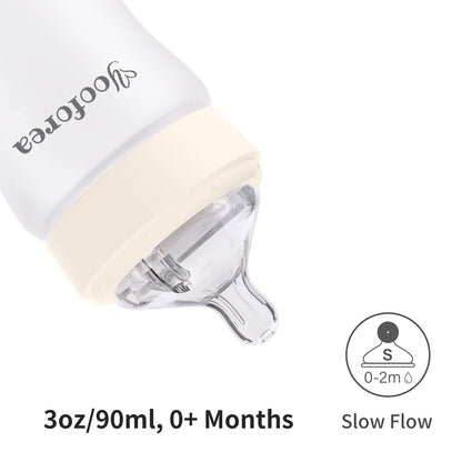 Yooforea Silicone Coated Glass Baby Bottle, 0M+ Slow Flow Nipple I Anti-Colic, Wide Neck, Stable Base I Medical-Grade Silicone Coating for Shatter Protection, BPA BPS PVC Free (3 Ounce-Honey)