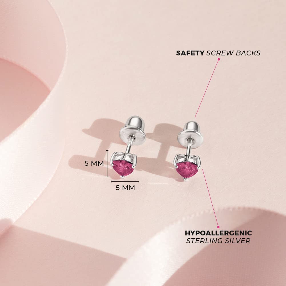 925 Sterling Silver Girls CZ Heart Hypoallergenic Safety Screw Back Earrings - Adorable 5mm Heart Earrings for Young Girls - Great Jewelry for Everyday Wear for Toddlers to Teens
