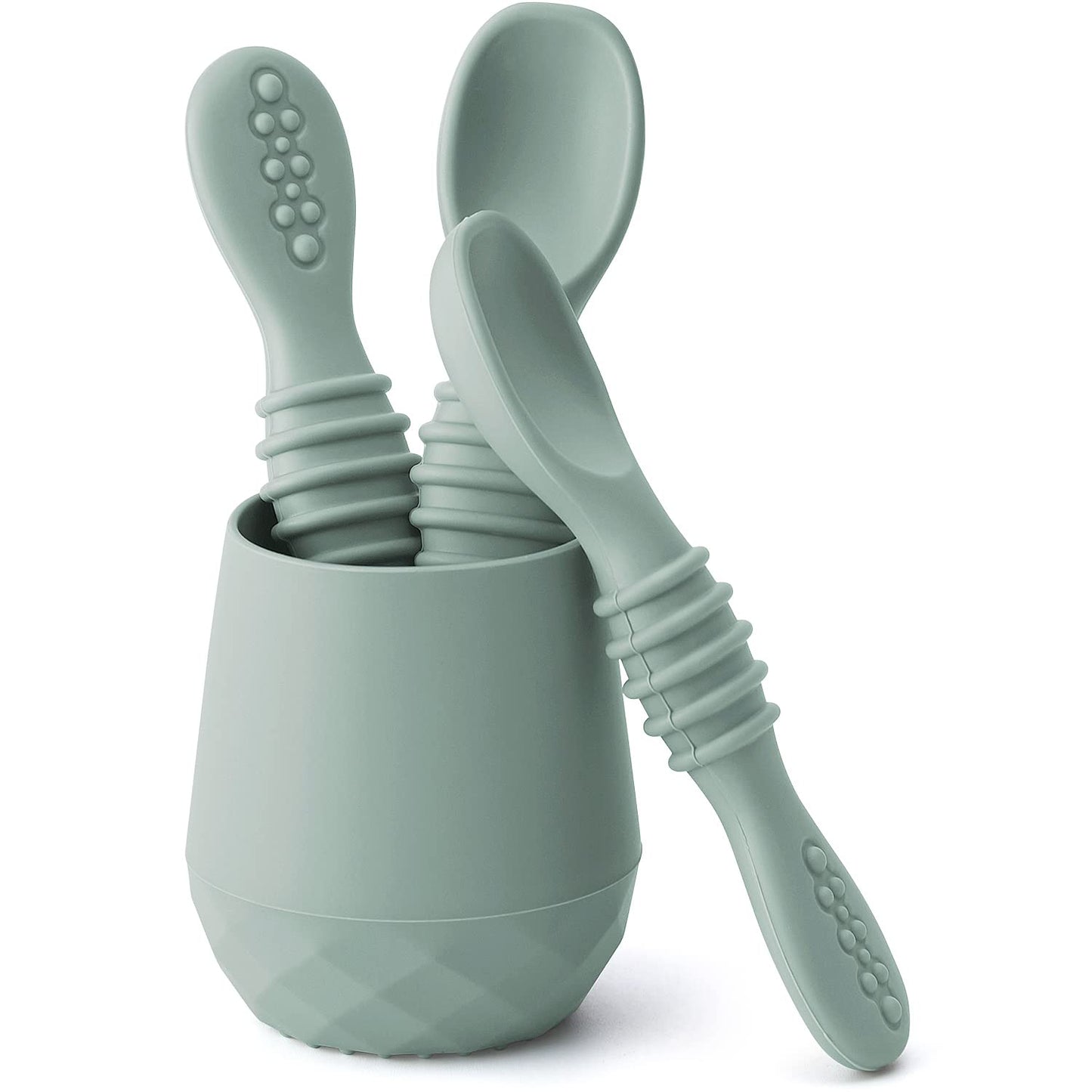 SAMiGO Silicone Baby Utensils - Self Feeding Spoons and Tiny Training Cup - First Stage Baby Led Weaning Supplies for 6 Months+ Infants - Set of 3
