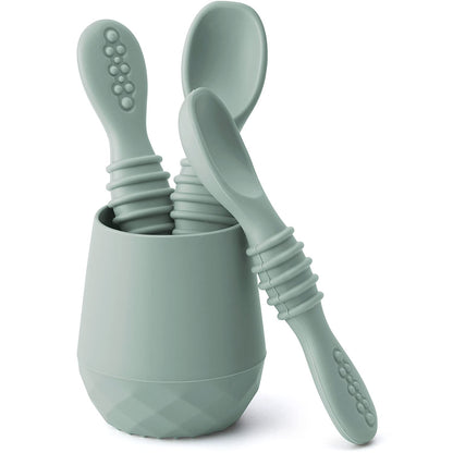 SAMiGO Silicone Baby Utensils - Self Feeding Spoons and Tiny Training Cup - First Stage Baby Led Weaning Supplies for 6 Months+ Infants - Set of 3
