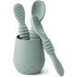 SAMiGO Silicone Baby Utensils - Self Feeding Spoons and Tiny Training Cup - First Stage Baby Led Weaning Supplies for 6 Months+ Infants - Set of 3