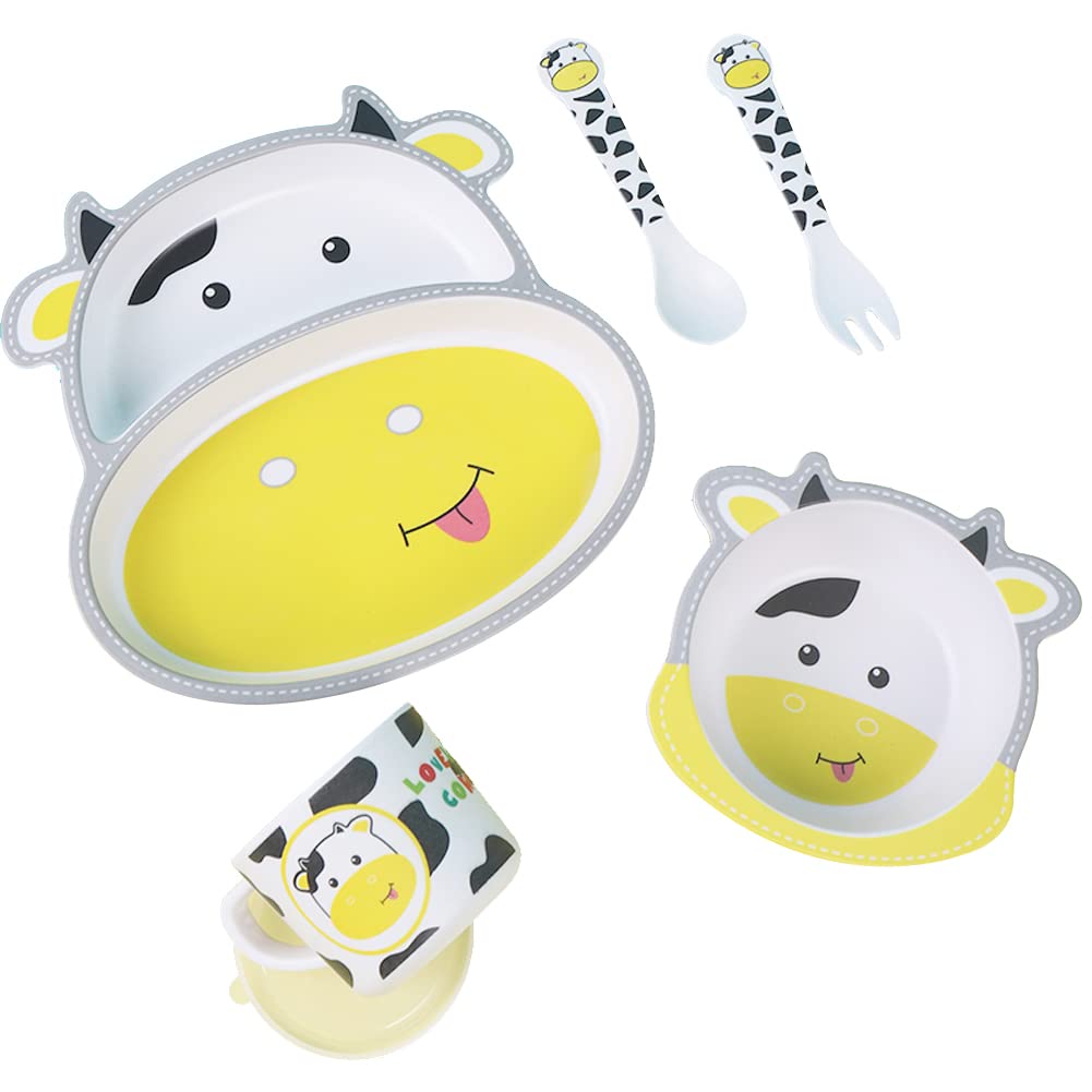 Bamboo Kids Dinnerware Set 5 Pcs Includes Plate Bowl Cup Fork Spoon Perfect for Kids BPA-Free (Little Dinosaur)