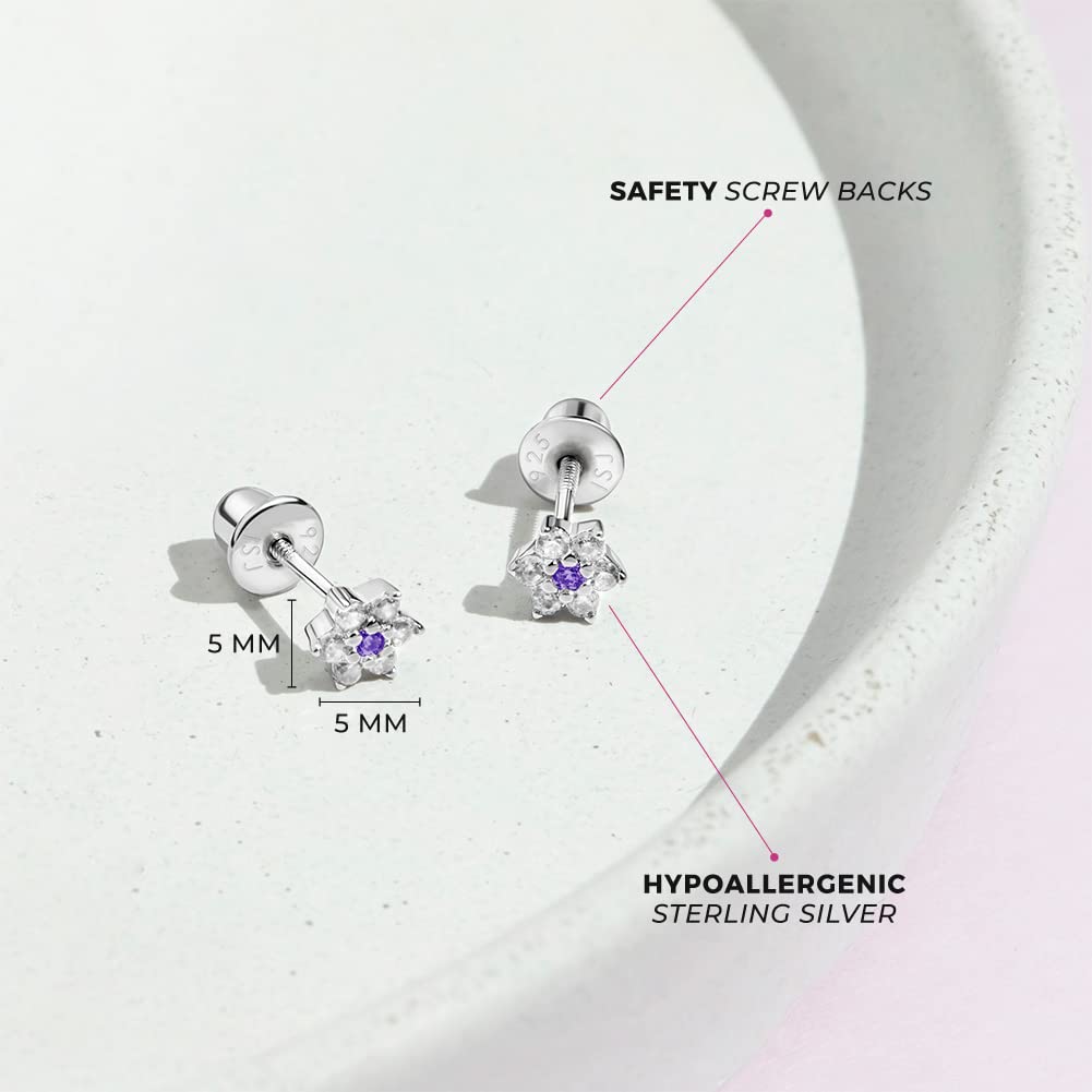 925 Sterling Silver Kids Earrings with 5mm Flower & Screw Backs for Young Girls - Dainty CZ Flower Screw Backs for Toddlers and Little Girls - Cubic Zirconia Floral Studs for Children
