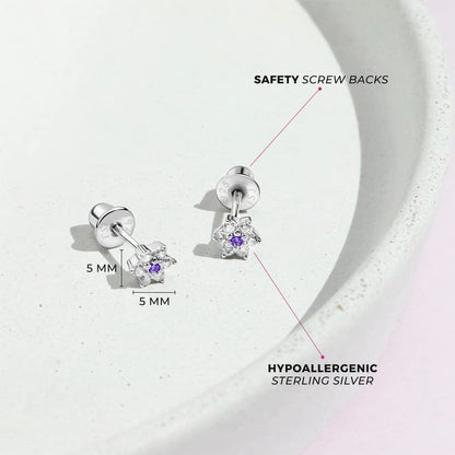 925 Sterling Silver Kids Earrings with 5mm Flower & Screw Backs for Young Girls - Dainty CZ Flower Screw Backs for Toddlers and Little Girls - Cubic Zirconia Floral Studs for Children