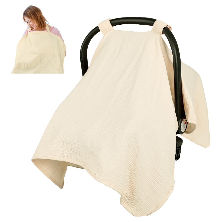 2 in 1 Muslin Infant Car Seat Cover, Multi-Purpose Breastfeeding Covers for Nursing, Breathable Carseat Cover for Baby Girls, Green