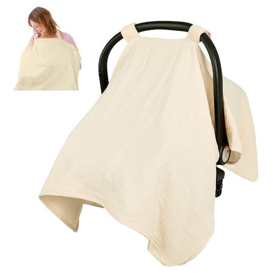 2 in 1 Muslin Infant Car Seat Cover, Multi-Purpose Breastfeeding Covers for Nursing, Breathable Carseat Cover for Baby Girls, Green