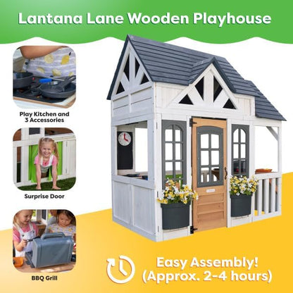 KidKraft Lantana Lane Outdoor Wooden Playhouse with Kitchen and Flap Door