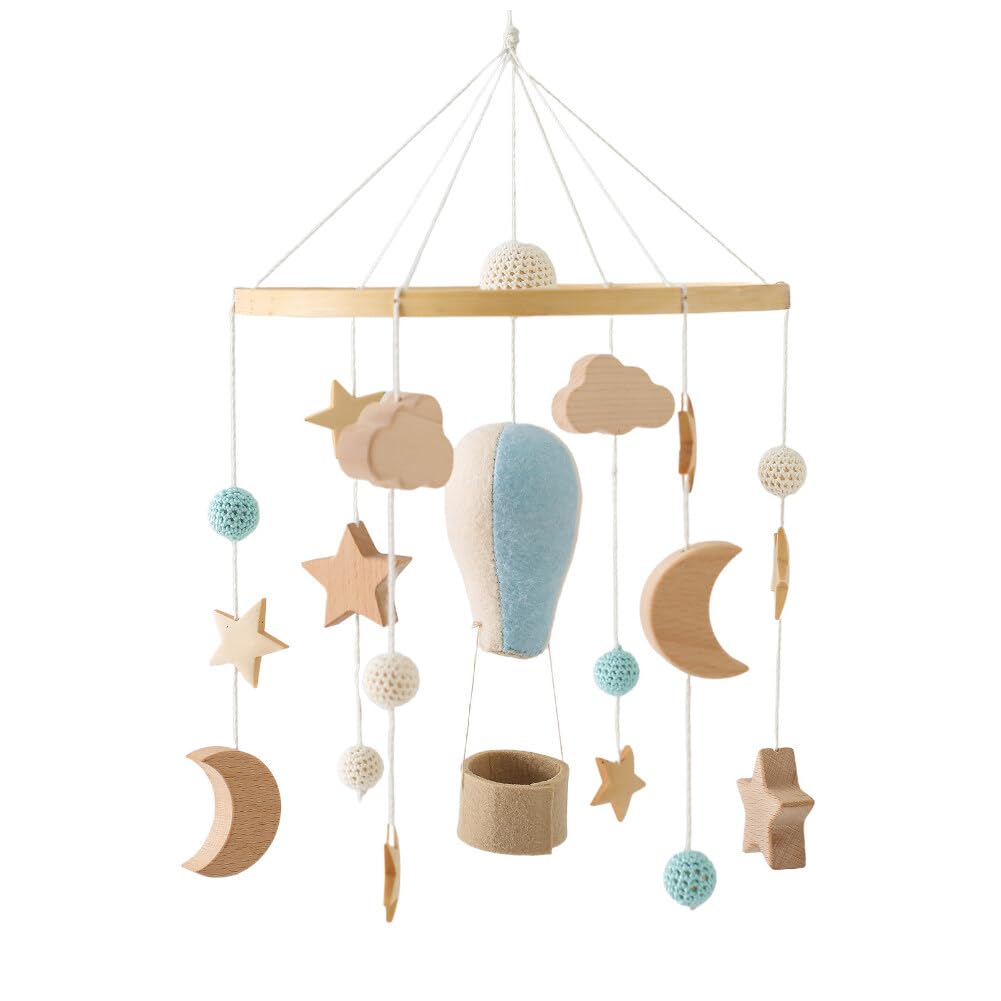 Baby Crib Mobile for Boys Girls, Wooden Boho Nursery Mobile Hot Air Balloon Stars Moon Space Bed Bell Hanging Toys Pendant Wind Chimes Decorations, Blue